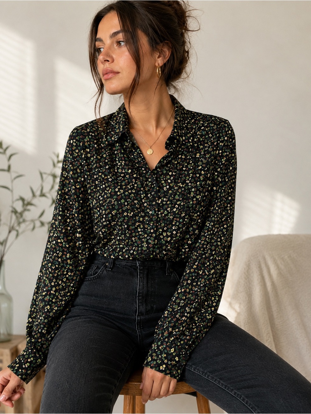 Y2K Dark Floral Button Up Shirt | 90s Indie Sleaze Minimalist Blouse - Picture 1 of 10